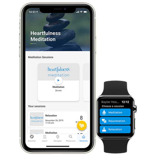 An iPhone and an Apple Watch show options for mediation and mindfulness options in our heart app